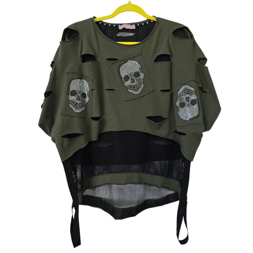 Ré Design Army Green & Black Grunge Goth Mesh Shirt w/ Rhinestone Skulls Size M